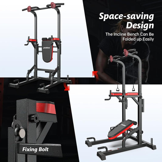 Pooboo Power Tower Dip Station, Pull-Up Bar, Supine Board, Adjustable