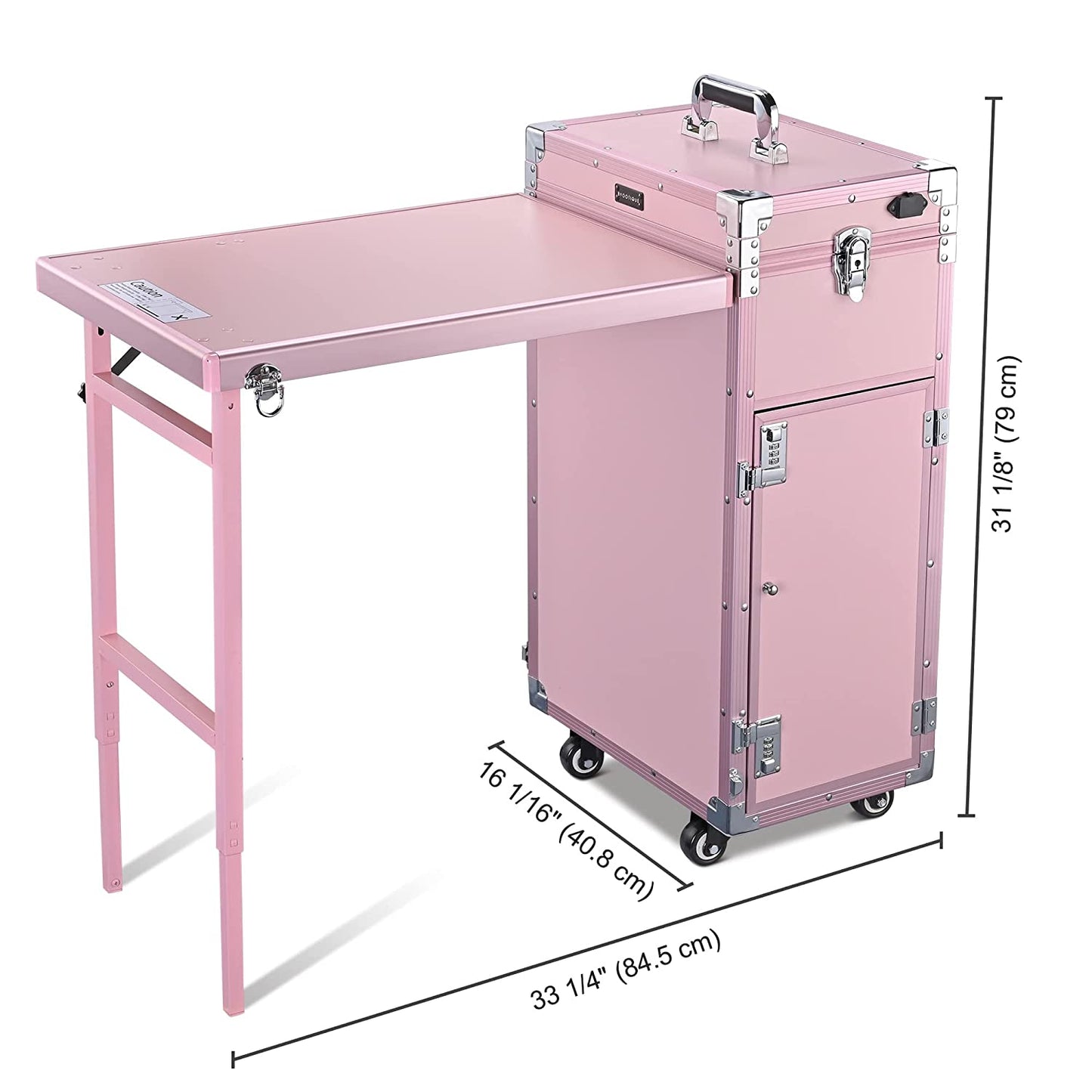 Byootique Portable Nail Desk & Makeup Station with Mirror, 4 Drawers, Bluetooth, USB, Pink