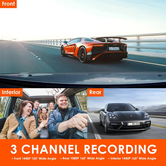 Channel Dash Cam, 4K+1080P Front and Rear, 1440P+1440P Front and Inside, 1440P+1440P+1080P Three Way Triple Car Camera, IR Night Vision, 24 Hours Parking Mode, Support 256GB Max