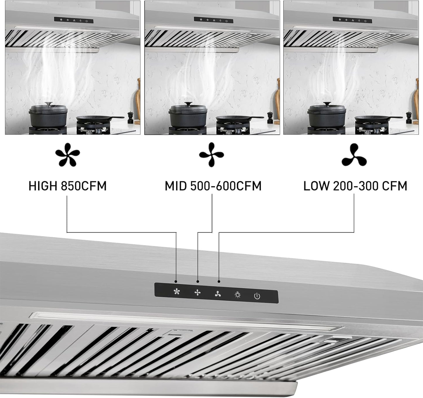 Powerful 30 Inch Under Cabinet Range Hood With Seamless Stainless Steel Body, Twin Turbo Motors, 3 Speed Touch Screen, Round Vent, Baffle Filters, LED Lights, Oil Collector