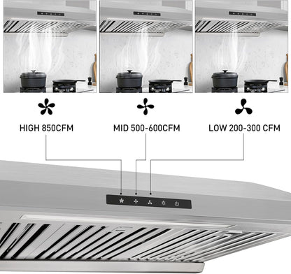 Powerful 30 Inch Under Cabinet Range Hood With Seamless Stainless Steel Body, Twin Turbo Motors, 3 Speed Touch Screen, Round Vent, Baffle Filters, LED Lights, Oil Collector