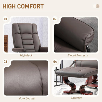 Faux Leather Recliner Chair with Swivel Ottoman High Back and Wood Frame Brown