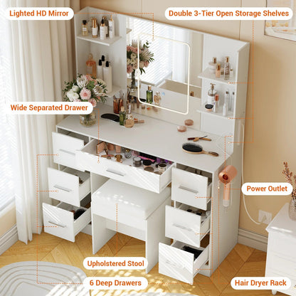 Garvee 43.3'' Vanity Desk Stool Set, Modern Makeup Table with Lighted Mirror, Power Outlet, 7 Drawers, 4 Open Shelves, White