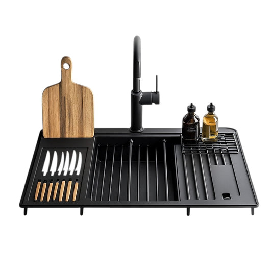 Qubyx Over the Sink Dish Drying Rack - Expandable Large Kitchen Organizer - Premium Stainless Steel - Includes Utensil Holder & Cutting Board Stand - Matte Black