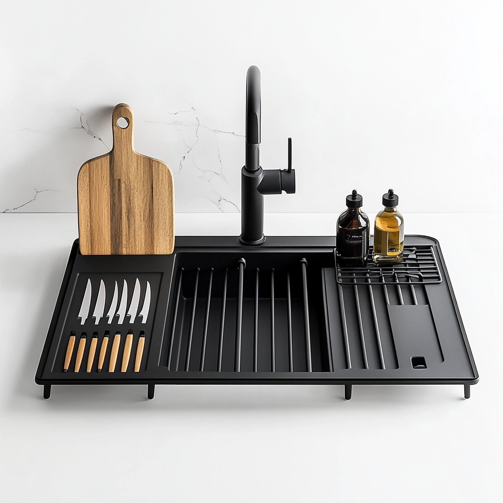 Qubyx Over the Sink Dish Drying Rack - Expandable Large Kitchen Organizer - Premium Stainless Steel - Includes Utensil Holder & Cutting Board Stand - Matte Black