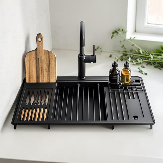 Qubyx Over the Sink Dish Drying Rack - Expandable Large Kitchen Organizer - Premium Stainless Steel - Includes Utensil Holder & Cutting Board Stand - Matte Black