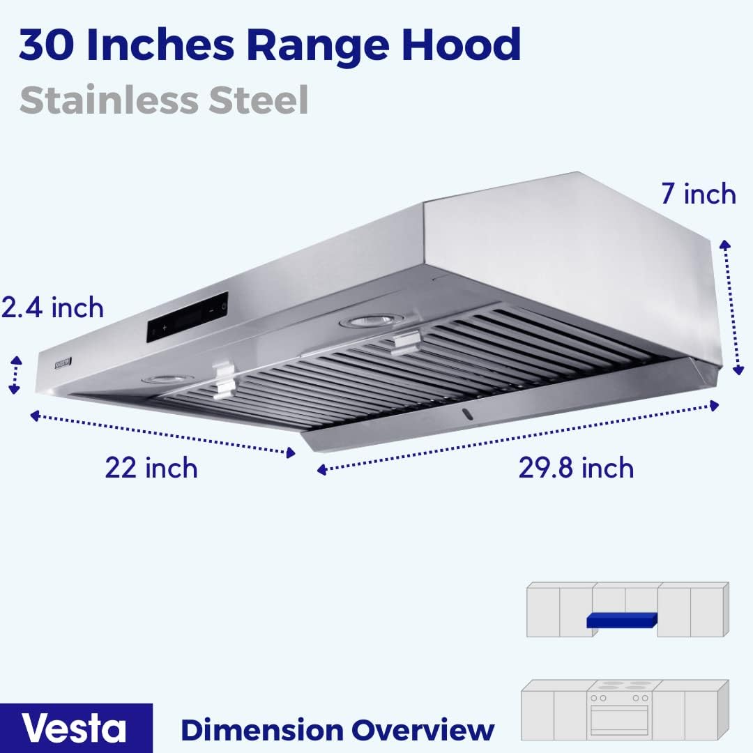 Powerful 30 Inch Under Cabinet Range Hood With Seamless Stainless Steel Body, Twin Turbo Motors, 3 Speed Touch Screen, Round Vent, Baffle Filters, LED Lights, Oil Collector