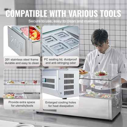 Refrigerated Condiment Prep Station, 135 W Countertop Refrigerated Condiment Station, with 2 1/3 Pans & 4 1/6 Pans, 304 Stainless Body and PC Lid, Sandwich Prep Table with Stainless Guard, ETL