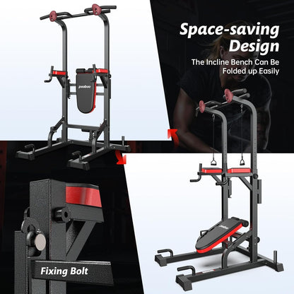 Pooboo Power Tower Dip Station, Pull-Up Bar, Supine Board, Adjustable