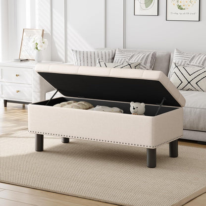 Furniliving Modern Storage Ottoman Bench, Sherpa Ottoman End of Bed Bench with Solid Wood Legs Upholstered Ottoman Benches with Storage Indoor Bench for Living Room with Rolled Arm, Entryway, White
