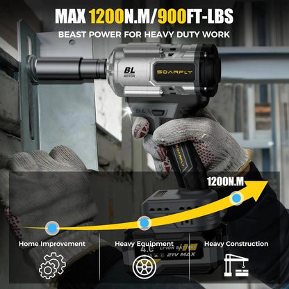 Cordless Impact Wrench, 1200Nm(900ft-lbs) High Torque 1/2'' Impact Wrench, 21V Brushless Electric Impact Gun with 2Pcs 4.0Ah Batteries, 1 Hour Fast Charger, 5 Sockets, Power Impact Driver for Car Home