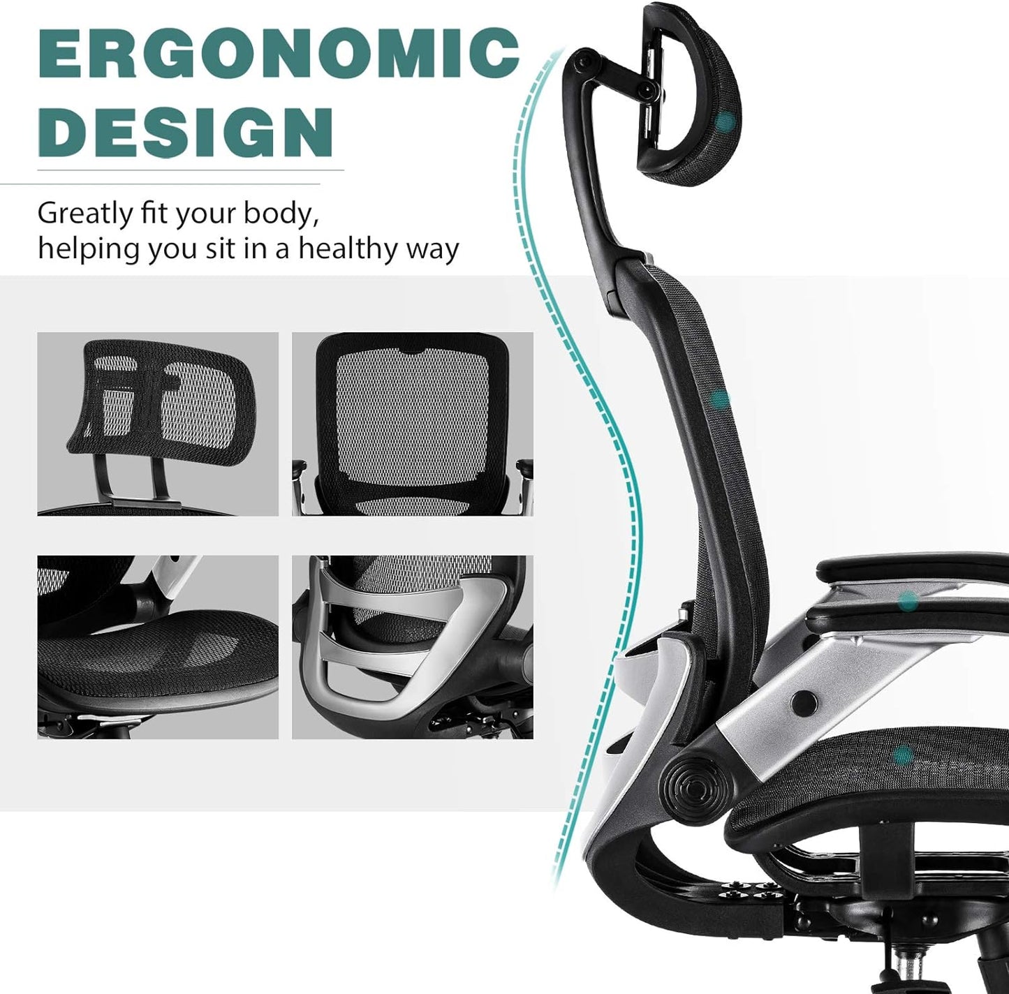Ergonomic Mesh Office Chair, High Back Desk Chair - Adjustable Headrest with Flip Arm, Tilt Function, Lumbar Support and PU Wheels, Swivel Computer Work Chair