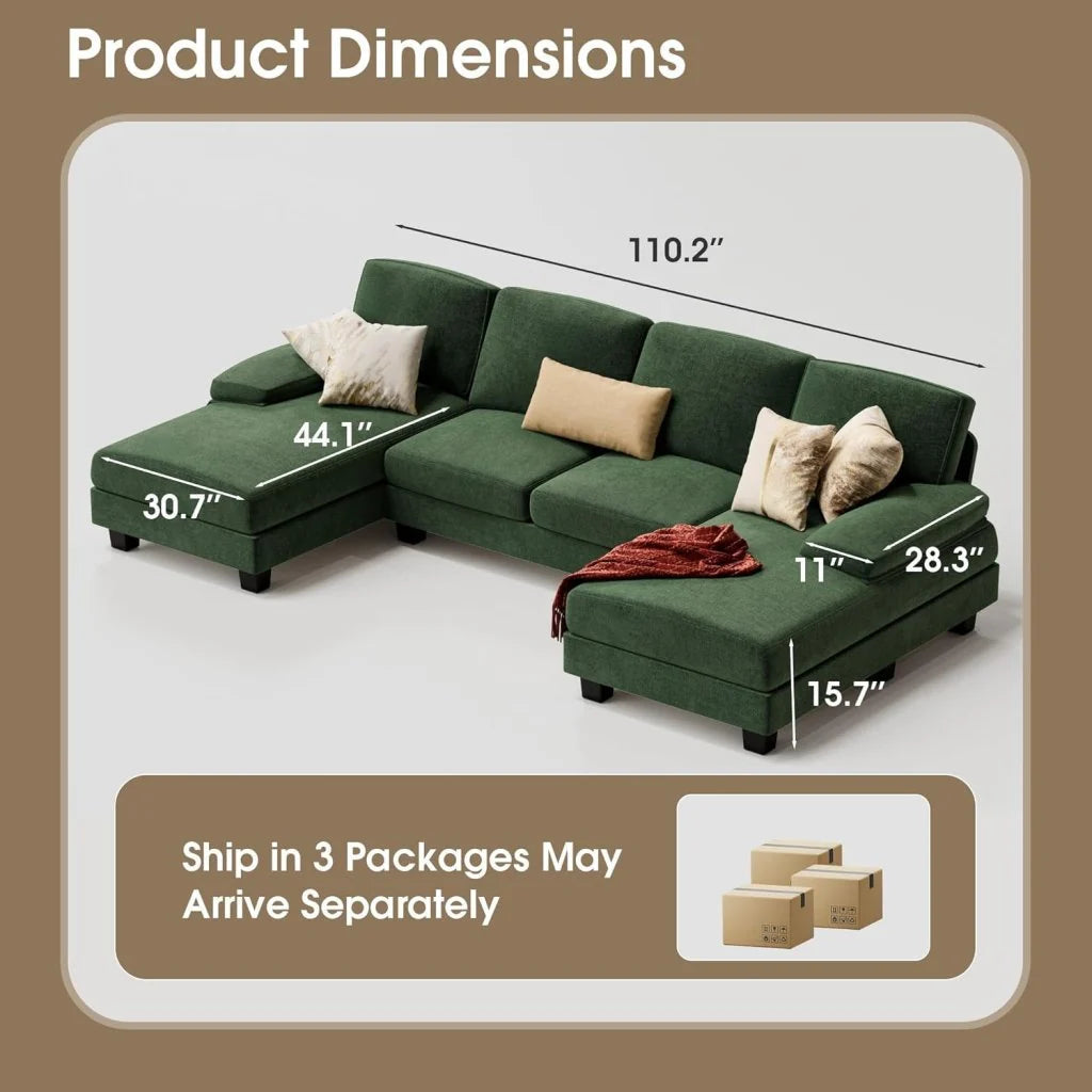 Furmax Sectional Couches for Living Room, U-Shaped Sofa Couch with Linen Fabric, 4 Seat Sofa Set with Double Chaise for Apartment (Fabric, Grey)