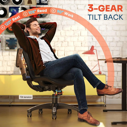 GABRYLLY Ergonomic Office Chair, High Back Home Desk Chair with Headrest, Flip-Up Arms, 90-120° Tilt Lock and Wide Cushion, Big and Tall Mesh Chairs for Man Woman, Black Task Chair