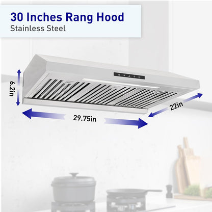 Powerful 30 Inch Under Cabinet Range Hood With Seamless Stainless Steel Body, Twin Turbo Motors, 3 Speed Touch Screen, Round Vent, Baffle Filters, LED Lights, Oil Collector