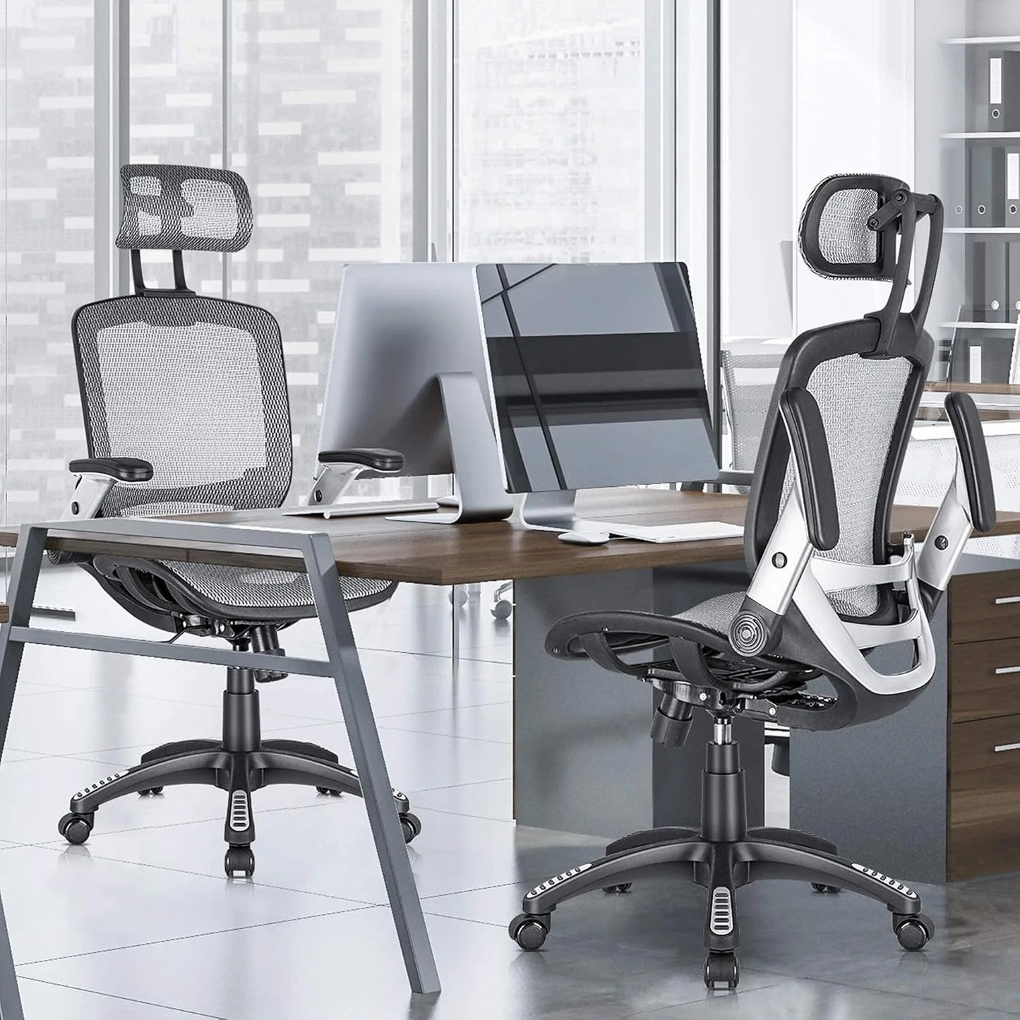 GABRYLLY Ergonomic Office Chair, High Back Home Desk Chair with Headrest, Flip-Up Arms, 90-120° Tilt Lock and Wide Cushion, Big and Tall Mesh Chairs for Man Woman, Black Task Chair