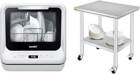 COMFEE' Portable Dishwasher Countertop with 5L Built-in Water Tank, No Hookup Needed, 6 Programs, 360° Dual Spray, 192℉ High-Temp& Air-Dry Function, Mini Dishwasher for RVs, White