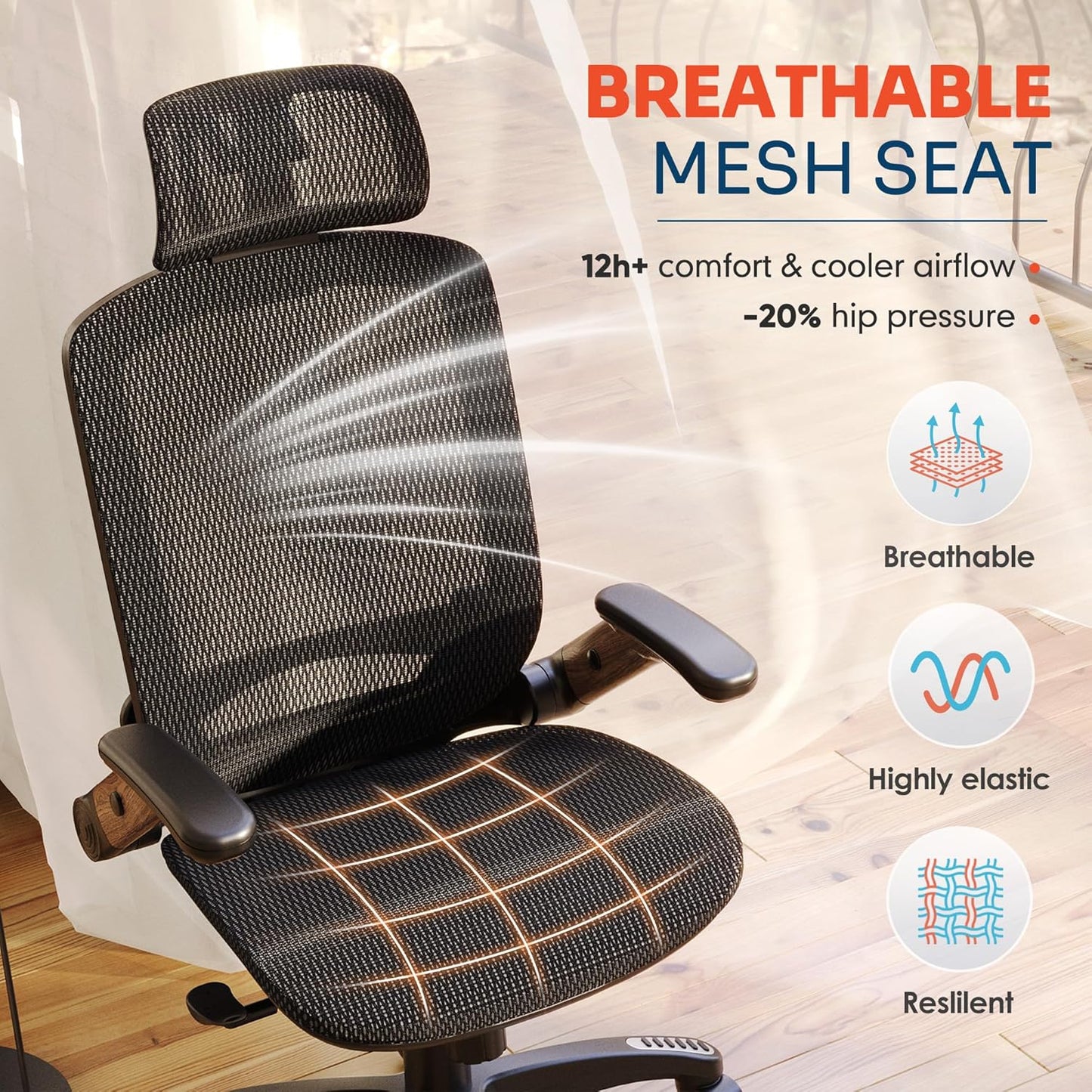 GABRYLLY Ergonomic Office Chair, High Back Home Desk Chair with Headrest, Flip-Up Arms, 90-120° Tilt Lock and Wide Cushion, Big and Tall Mesh Chairs for Man Woman, Black Task Chair