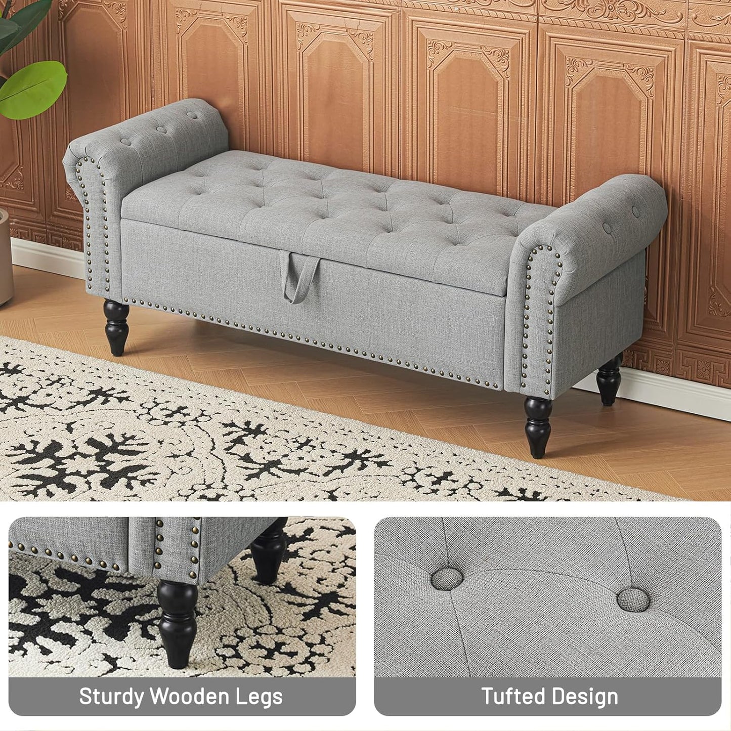 Furniliving Modern Storage Ottoman Bench, Sherpa Ottoman End of Bed Bench with Solid Wood Legs Upholstered Ottoman Benches with Storage Indoor Bench for Living Room with Rolled Arm, Entryway, White