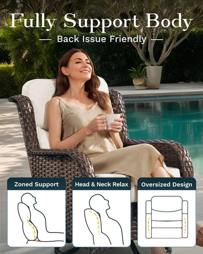 Outdoor Swivel Rocker Patio Chairs with 6-Inch Thick Cushions and Side Table, 3PCS High Back Wicker Patio Furniture Set for Porch, Balcony, Deck and Yard in Blue