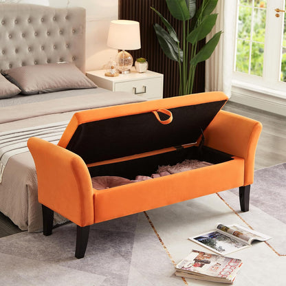 Furniliving Modern Storage Ottoman Bench, Sherpa Ottoman End of Bed Bench with Solid Wood Legs Upholstered Ottoman Benches with Storage Indoor Bench for Living Room with Rolled Arm, Entryway, White