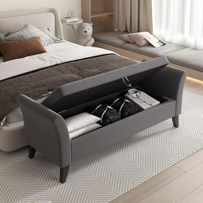 Furniliving Modern Storage Ottoman Bench, Sherpa Ottoman End of Bed Bench with Solid Wood Legs Upholstered Ottoman Benches with Storage Indoor Bench for Living Room with Rolled Arm, Entryway, White