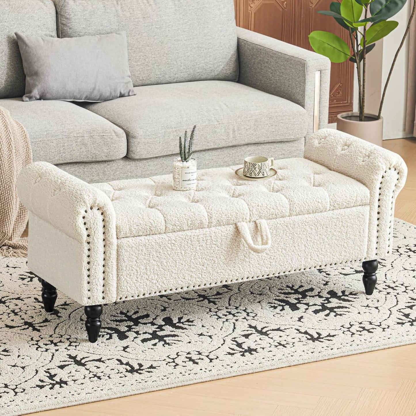 Furniliving Modern Storage Ottoman Bench, Sherpa Ottoman End of Bed Bench with Solid Wood Legs Upholstered Ottoman Benches with Storage Indoor Bench for Living Room with Rolled Arm, Entryway, White