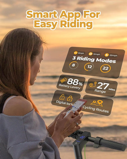 Electric Scooter - 8.5" Solid Tires, 350W Motor, Up to 19 MPH and 21-23 Miles Long-Range Portable Foldable Commuting Scooter for Adults with Double Braking System and App