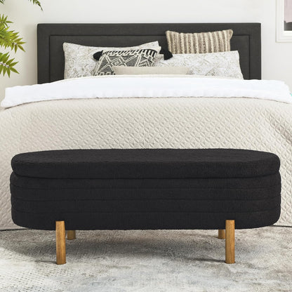 Furniliving Modern Storage Ottoman Bench, Sherpa Ottoman End of Bed Bench with Solid Wood Legs Upholstered Ottoman Benches with Storage Indoor Bench for Living Room with Rolled Arm, Entryway, White