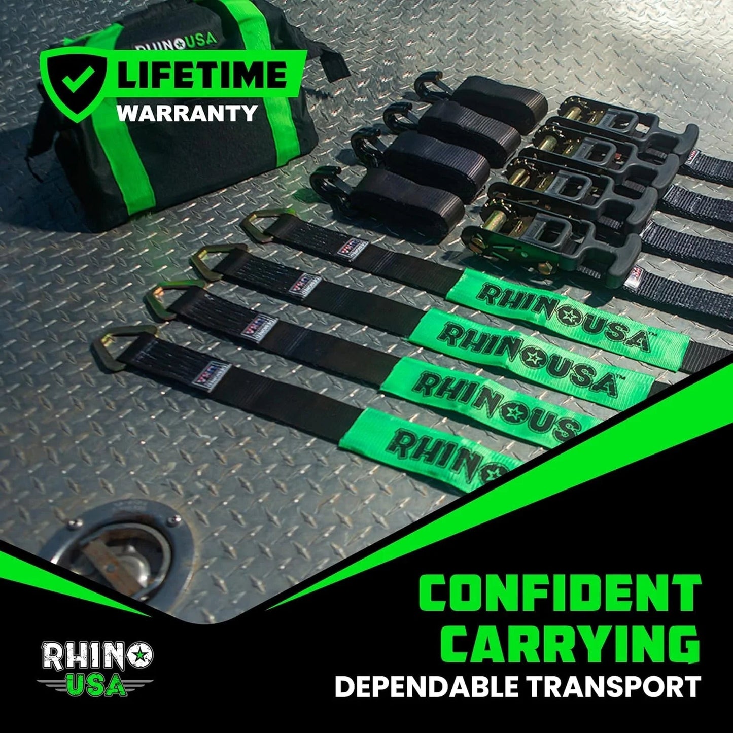 Car Tie Down Straps for Trailers with J Hooks (4-Pack) - 2 Inch x 8 Feet (10,000lb Break Strength) - Heavy Duty T-Handle Car Hauler Tire Straps for Trailer & UTV with Axle Straps - Black