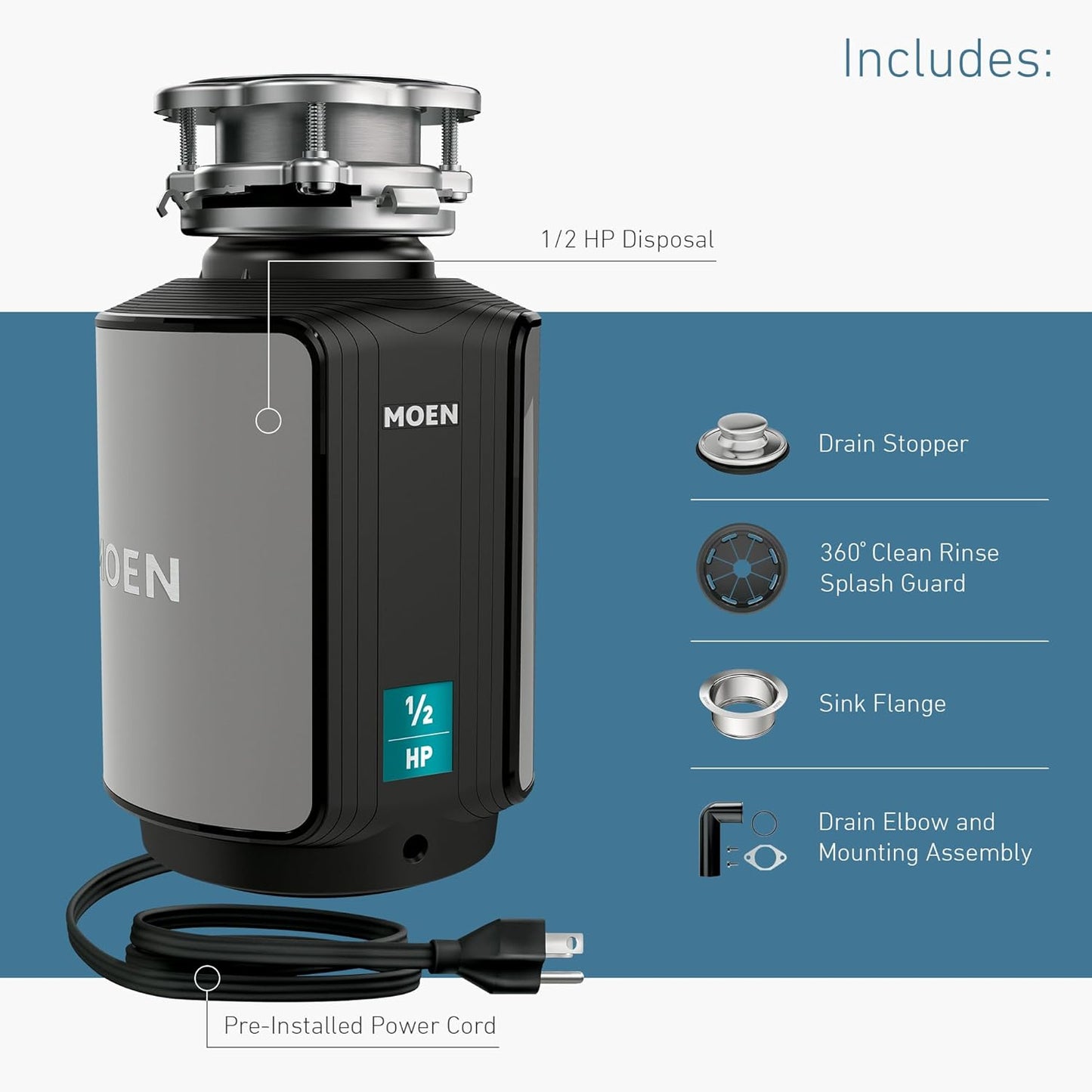 Disposer Prep Series 1/2 HP Continuous Feed Garbage Disposal with Sound Reduction, Power Cord Included