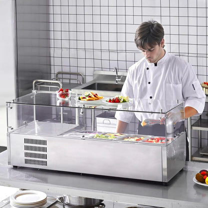 Refrigerated Condiment Prep Station, 135 W Countertop Refrigerated Condiment Station, with 2 1/3 Pans & 4 1/6 Pans, 304 Stainless Body and PC Lid, Sandwich Prep Table with Stainless Guard, ETL