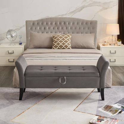 Furniliving Modern Storage Ottoman Bench, Sherpa Ottoman End of Bed Bench with Solid Wood Legs Upholstered Ottoman Benches with Storage Indoor Bench for Living Room with Rolled Arm, Entryway, White