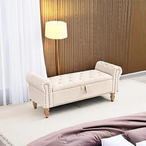 Furniliving Modern Storage Ottoman Bench, Sherpa Ottoman End of Bed Bench with Solid Wood Legs Upholstered Ottoman Benches with Storage Indoor Bench for Living Room with Rolled Arm, Entryway, White