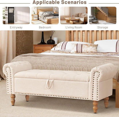 Furniliving Modern Storage Ottoman Bench, Sherpa Ottoman End of Bed Bench with Solid Wood Legs Upholstered Ottoman Benches with Storage Indoor Bench for Living Room with Rolled Arm, Entryway, White