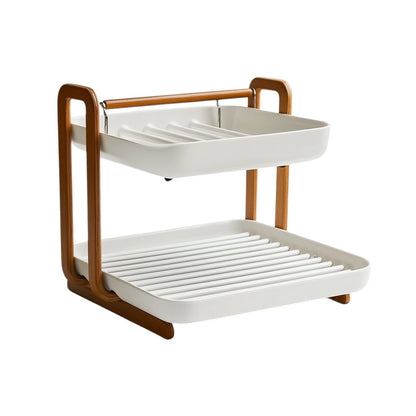Qubyx 2-Tier Dish Drying Rack for Kitchen Counter - Automatic Drainage System with 360° Swivel Spout - Rust-Proof Metal - Space-Saving - White & Oak