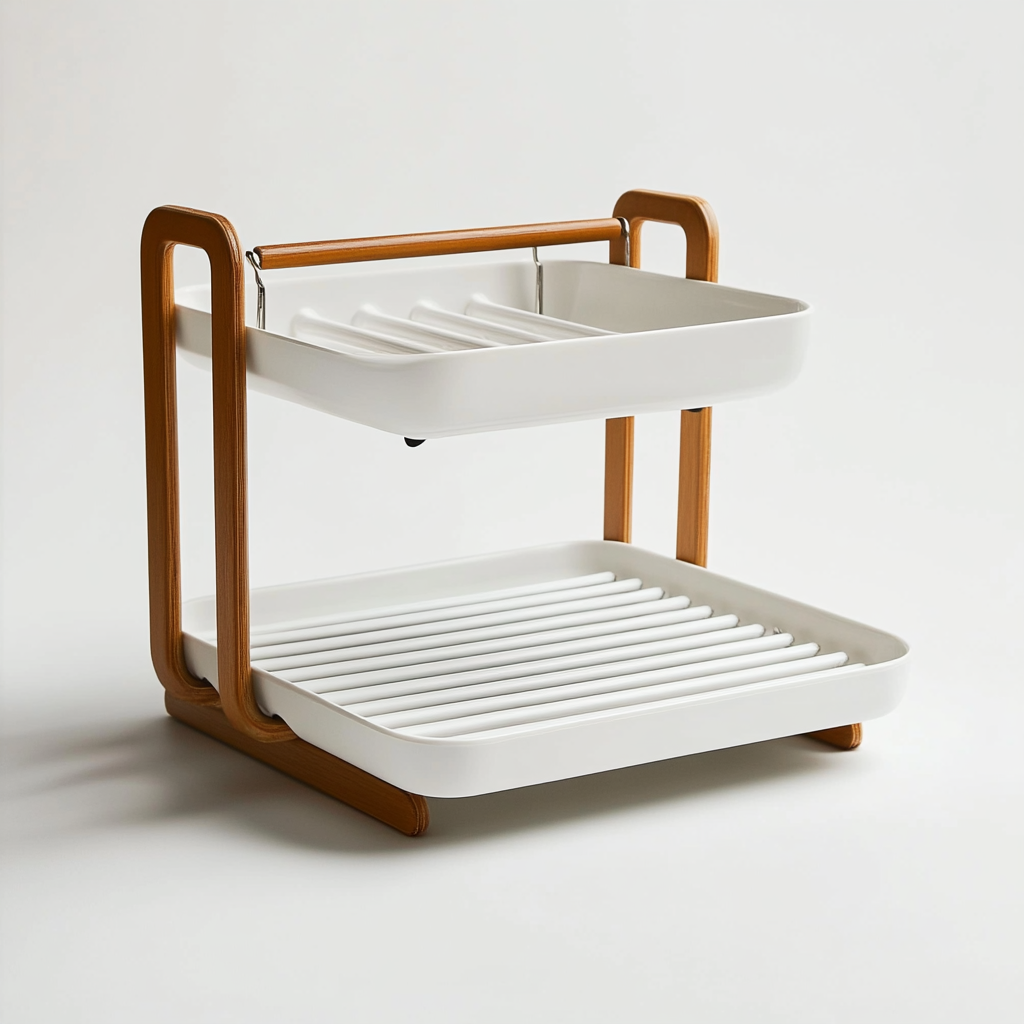 Qubyx 2-Tier Dish Drying Rack for Kitchen Counter - Automatic Drainage System with 360° Swivel Spout - Rust-Proof Metal - Space-Saving - White & Oak