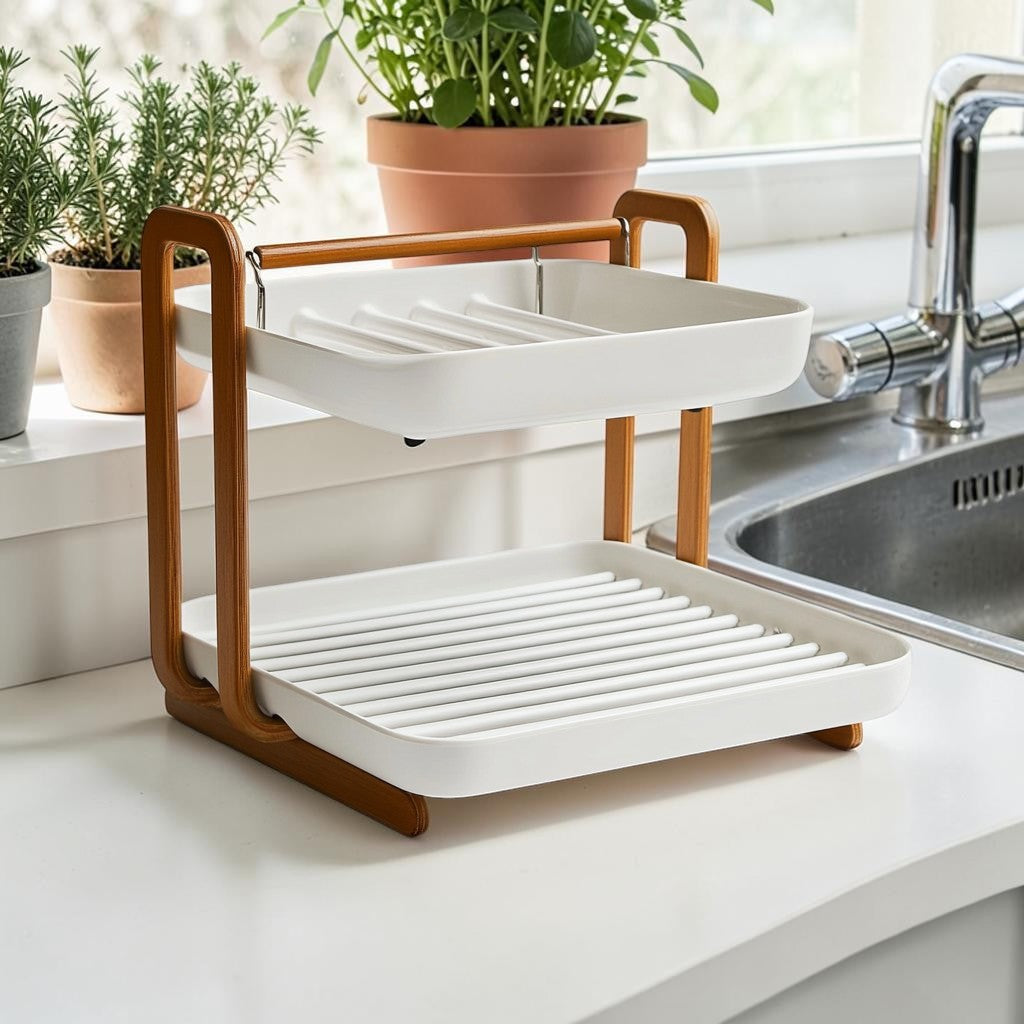 Qubyx 2-Tier Dish Drying Rack for Kitchen Counter - Automatic Drainage System with 360° Swivel Spout - Rust-Proof Metal - Space-Saving - White & Oak