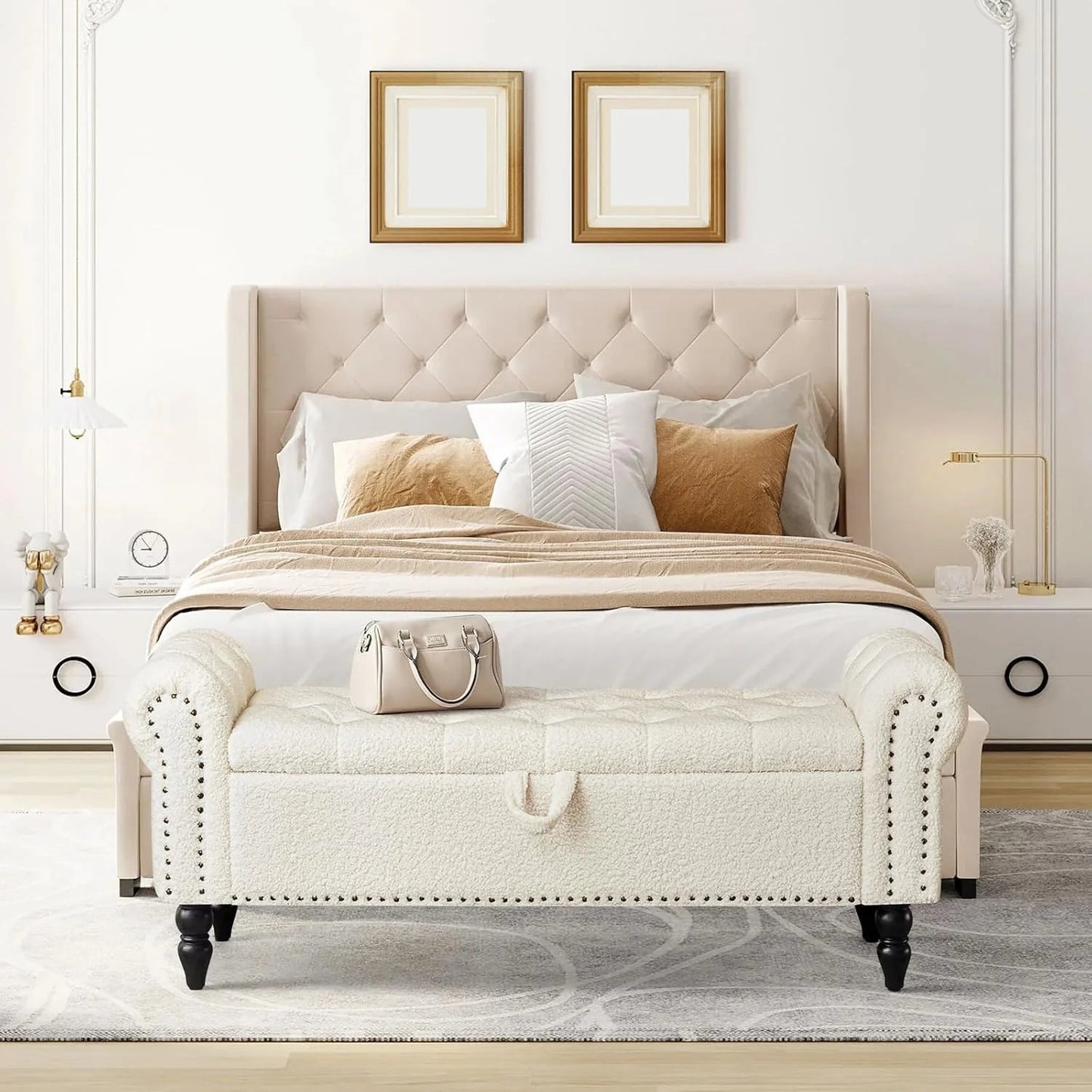 Furniliving Modern Storage Ottoman Bench, Sherpa Ottoman End of Bed Bench with Solid Wood Legs Upholstered Ottoman Benches with Storage Indoor Bench for Living Room with Rolled Arm, Entryway, White