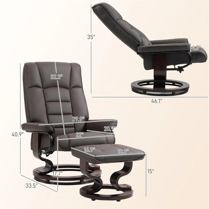 Faux Leather Recliner Chair with Swivel Ottoman High Back and Wood Frame Brown