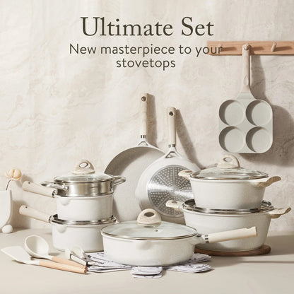 Carote 21-Piece Nonstick Cookware Set, Eco-Friendly Granite, Induction Compatible, Beige