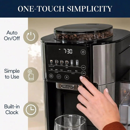 De'Longhi TrueBrew Drip Coffee Maker with Built-in Grinder, Programmable, 6 Brew Sizes, 5 Styles, Stainless Steel, Silver Black