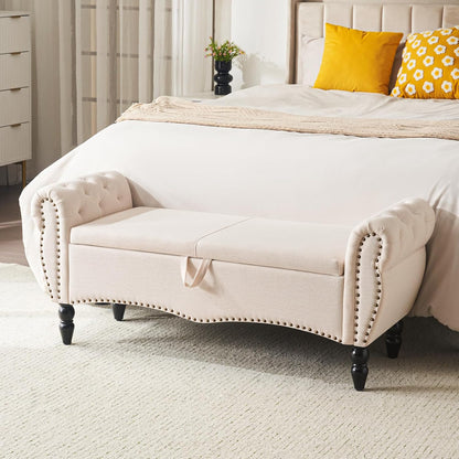 Furniliving Modern Storage Ottoman Bench, Sherpa Ottoman End of Bed Bench with Solid Wood Legs Upholstered Ottoman Benches with Storage Indoor Bench for Living Room with Rolled Arm, Entryway, White