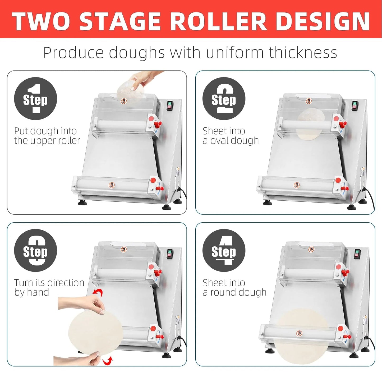 Garvee Commercial Pizza Dough Roller Sheeter, Max 16", Automatic 370W Electric Pizza Dough Roller, Stainless Steel, Suitable for Noodle, Pizza Bread and Pasta Maker Equipment