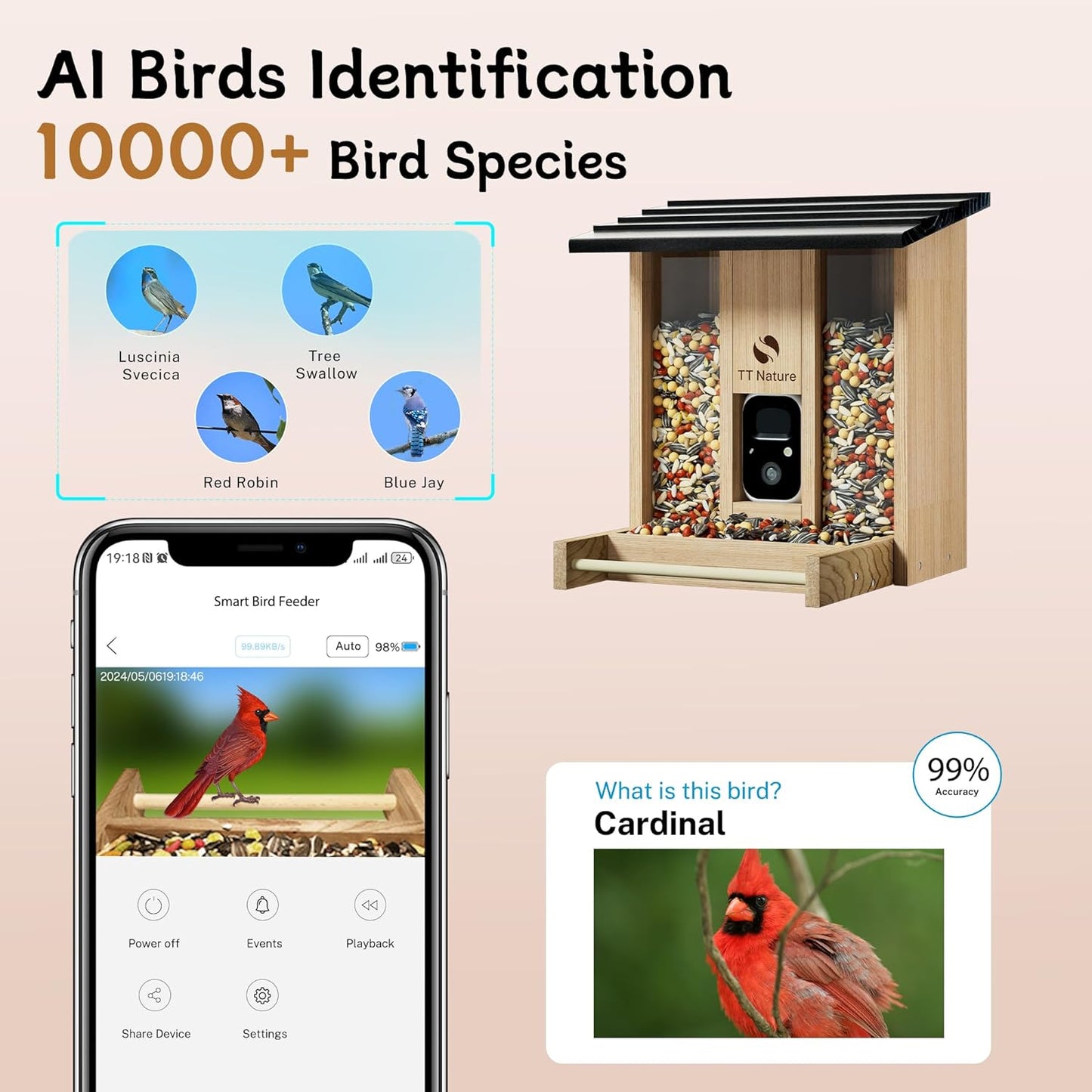Feeder with Camera, Upgraded Smart Bird Feeder with Solar Powered, AI Identify for 10000 Plus Bird Species, Auto Capture Bird & Real-time Notifications, Ideal Gift for Bird Lovers