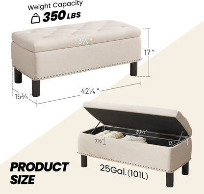 Furniliving Modern Storage Ottoman Bench, Sherpa Ottoman End of Bed Bench with Solid Wood Legs Upholstered Ottoman Benches with Storage Indoor Bench for Living Room with Rolled Arm, Entryway, White