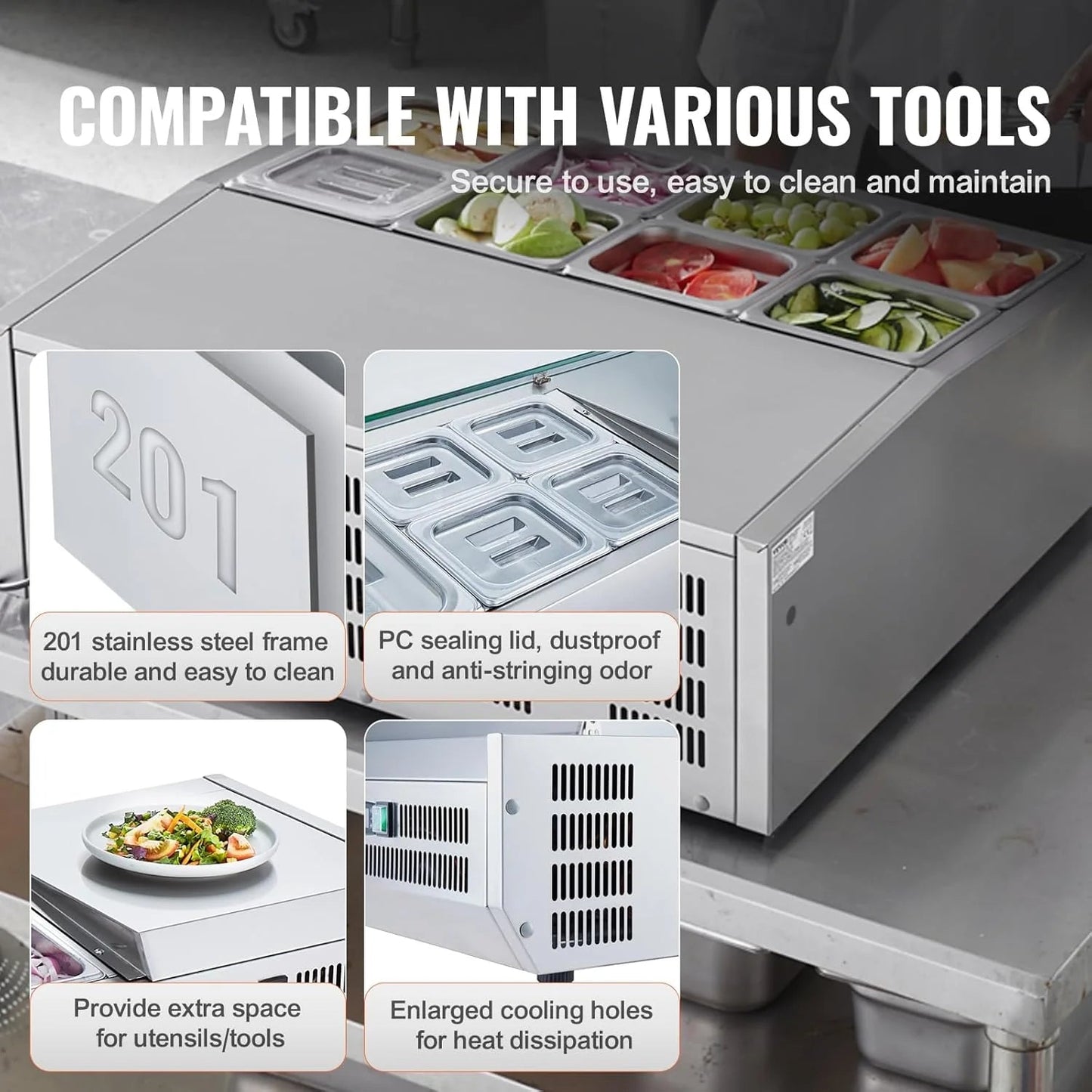 Refrigerated Condiment Prep Station, 135 W Countertop Refrigerated Condiment Station, with 2 1/3 Pans & 4 1/6 Pans, 304 Stainless Body and PC Lid, Sandwich Prep Table with Stainless Guard, ETL