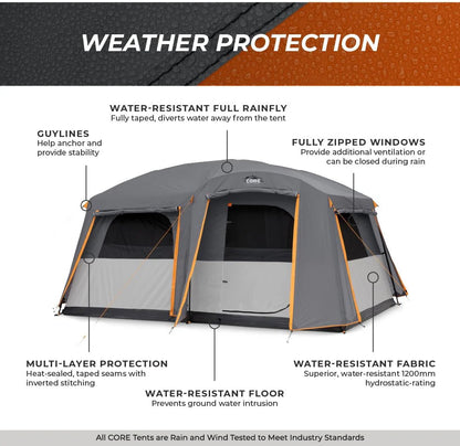 CORE Straight Wall Cabin Tents | 10 Person / 11 Person / 12 Person Large Multi Room Family Tents for Car Camping & Outdoor Adventures