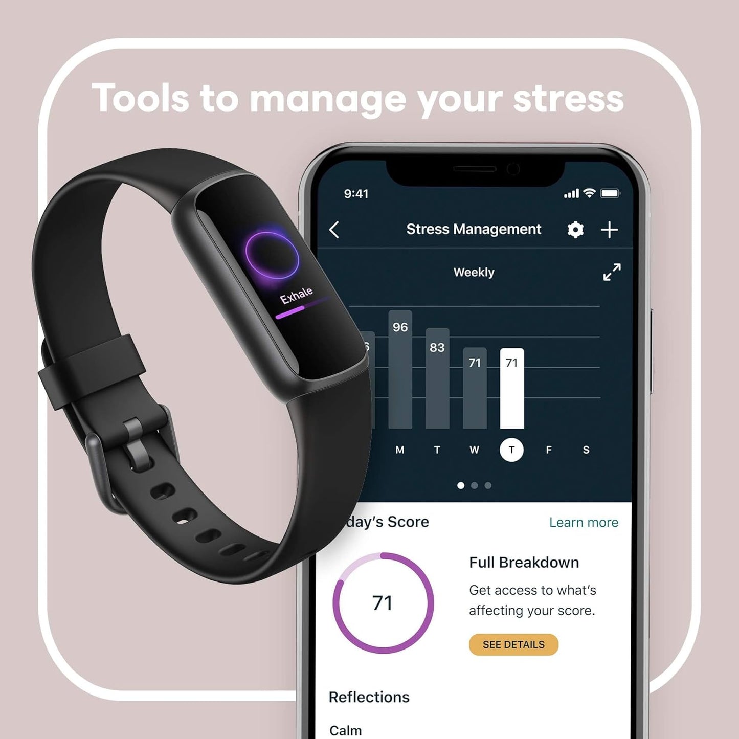 Fitness and Wellness-Tracker with Stress Management, Sleep-Tracking and 24/7 Heart Rate, One Size S L Bands Included, Lunar White/Soft Gold Stainless Steel, 1 Count