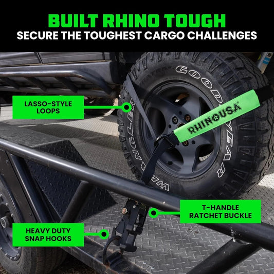 Car Tie Down Straps for Trailers with Flat Hooks (4-Pack) - 2 Inch x 8 Feet (10,000lb Break Strength) - Heavy Duty T-Handle Car Lasso Tire Straps for Trailer & UTV - Black